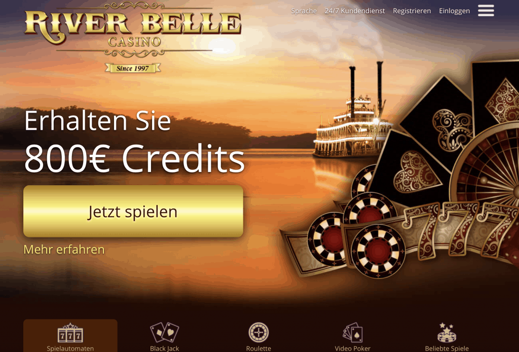 Screenshot della homepage di River Belle Casino
