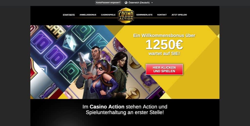 Snímek obrazovky domovské stránky Casino Action