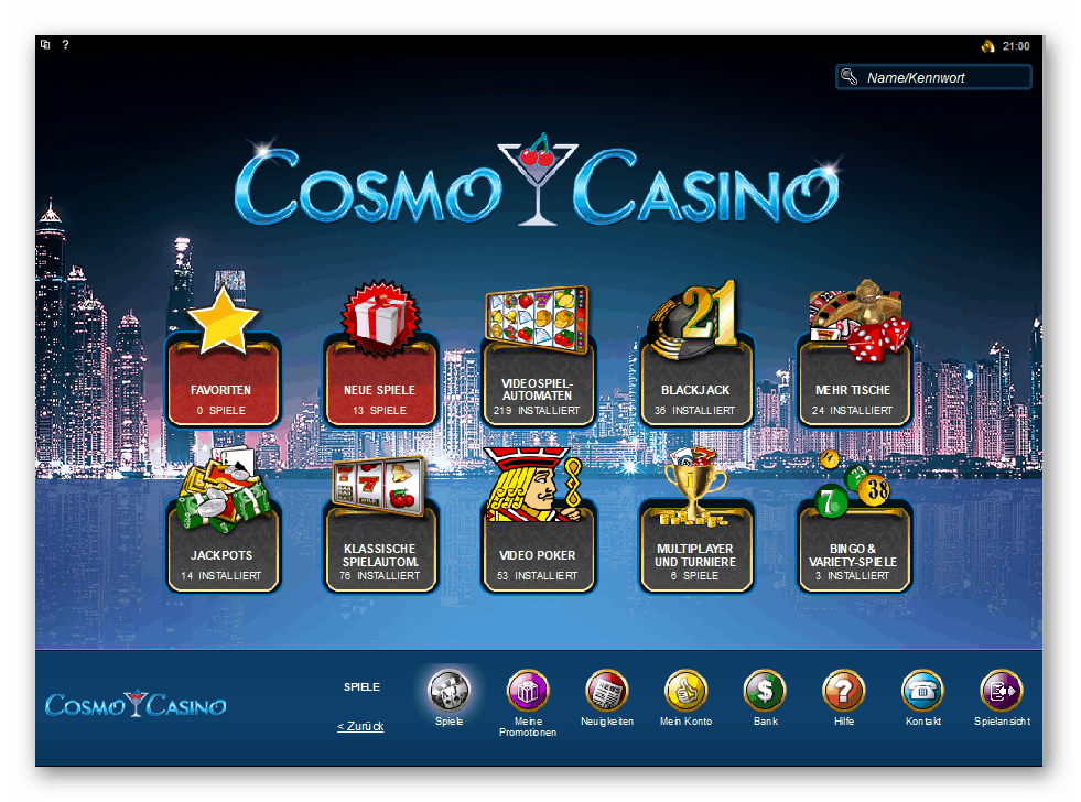 Screenshot della Lobby di gioco di Cosmo Casino