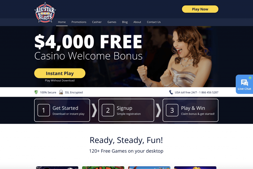 Screenshot da página inicial do All Star Slots Casino