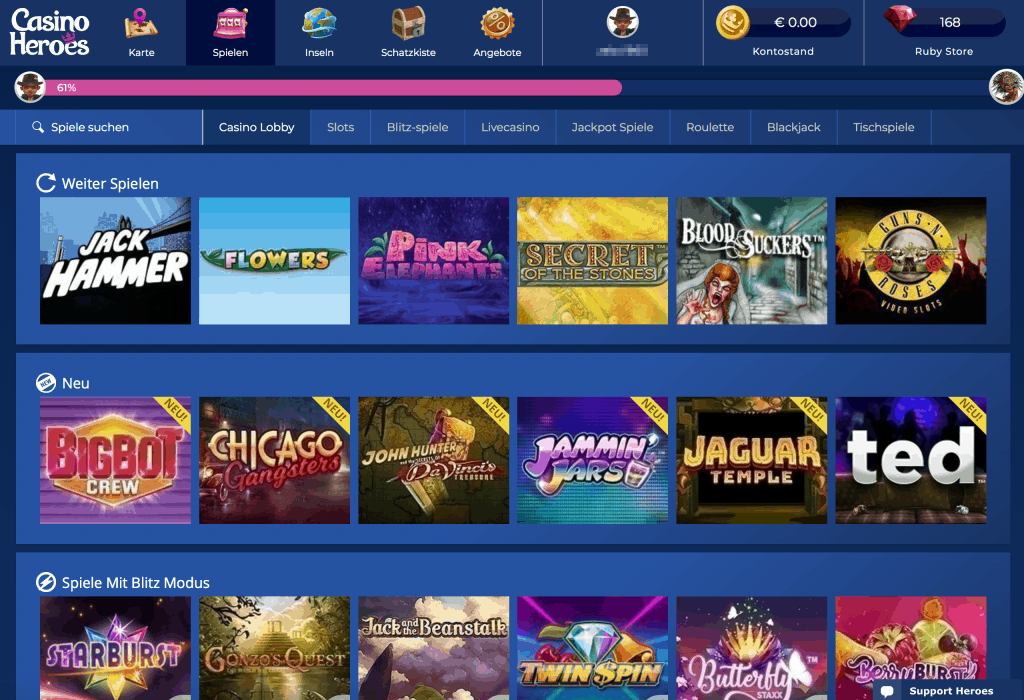 Casino Heroes Game Lobby captura de pantalla