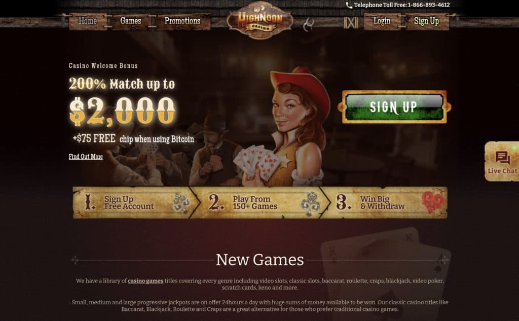 Screenshot do homepage da High Noon Casino