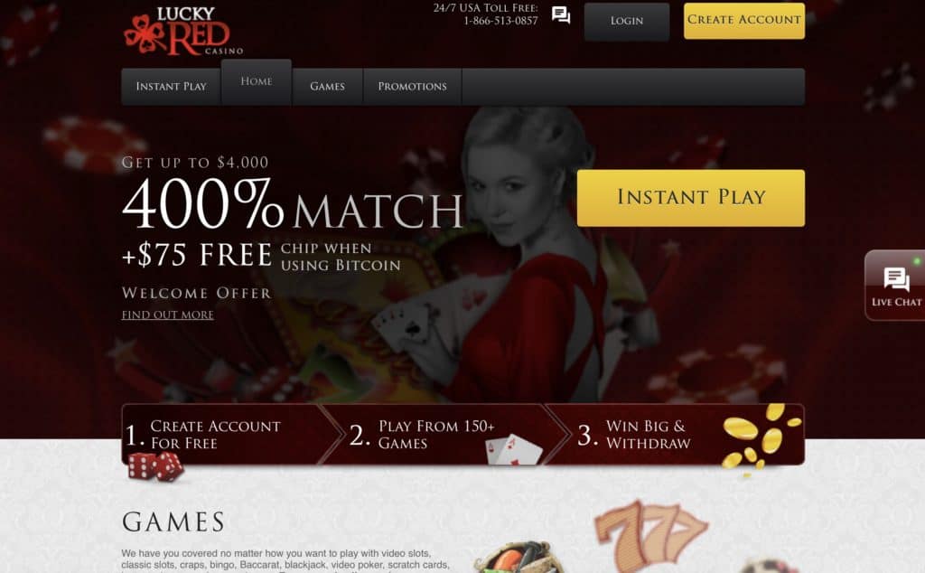 Στιγμιότυπο οθόνης της αρχικής σελίδας Lucky Red Casino