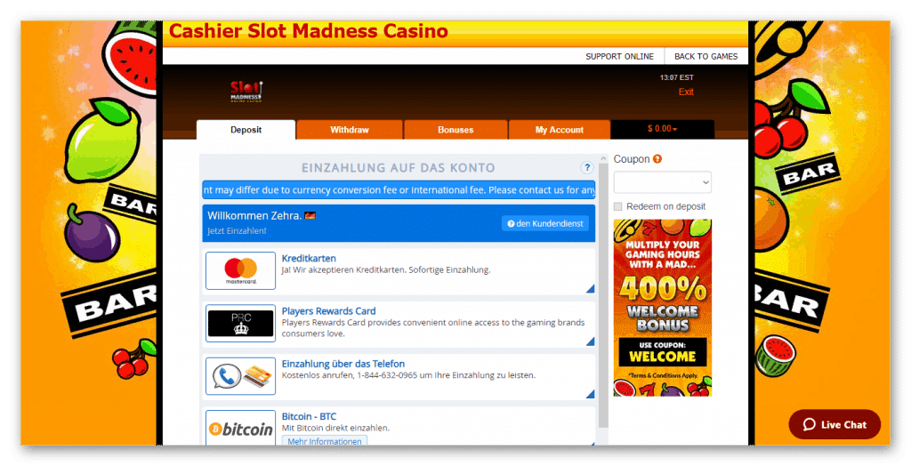 Slot Madness Casino -kassan kuvakaappaus