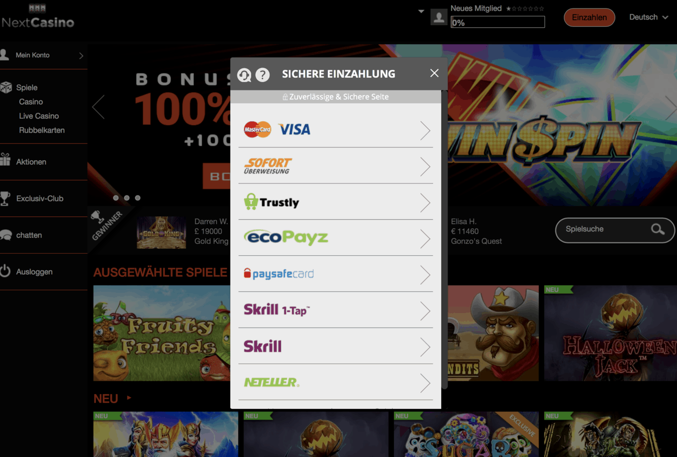 Következő kaszinó pénztár képernyőképe