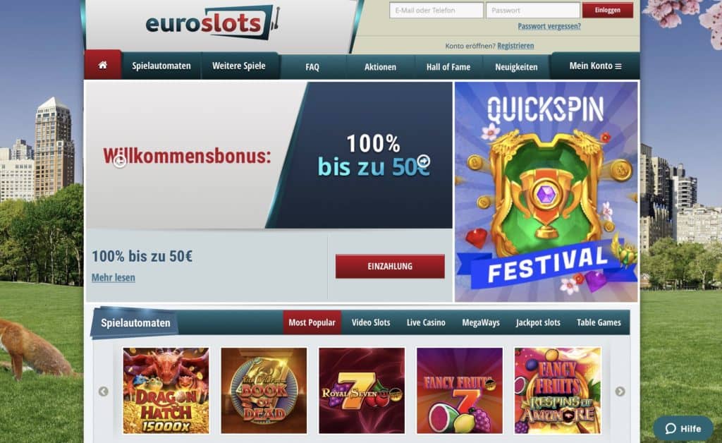 Euroslots Casino Homepage Screenshot