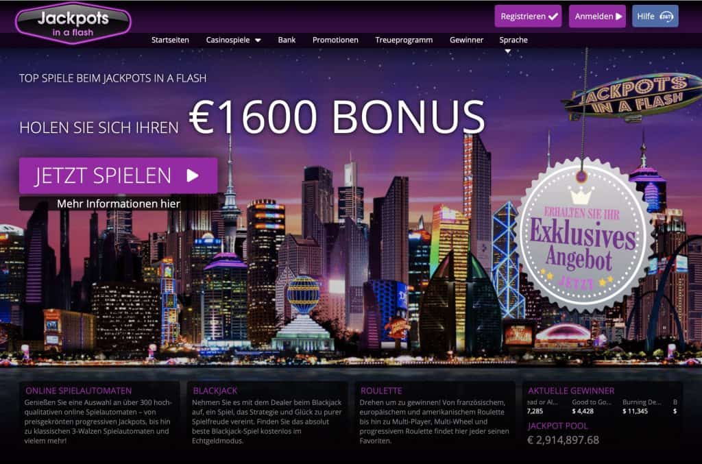 Captura de tela da página inicial do Jackpots In A Flash Casino