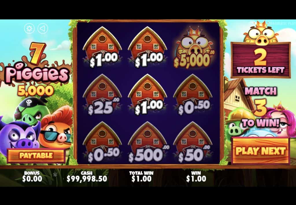 Captura de pantalla de la tarjeta rasca y gana 7 Piggies