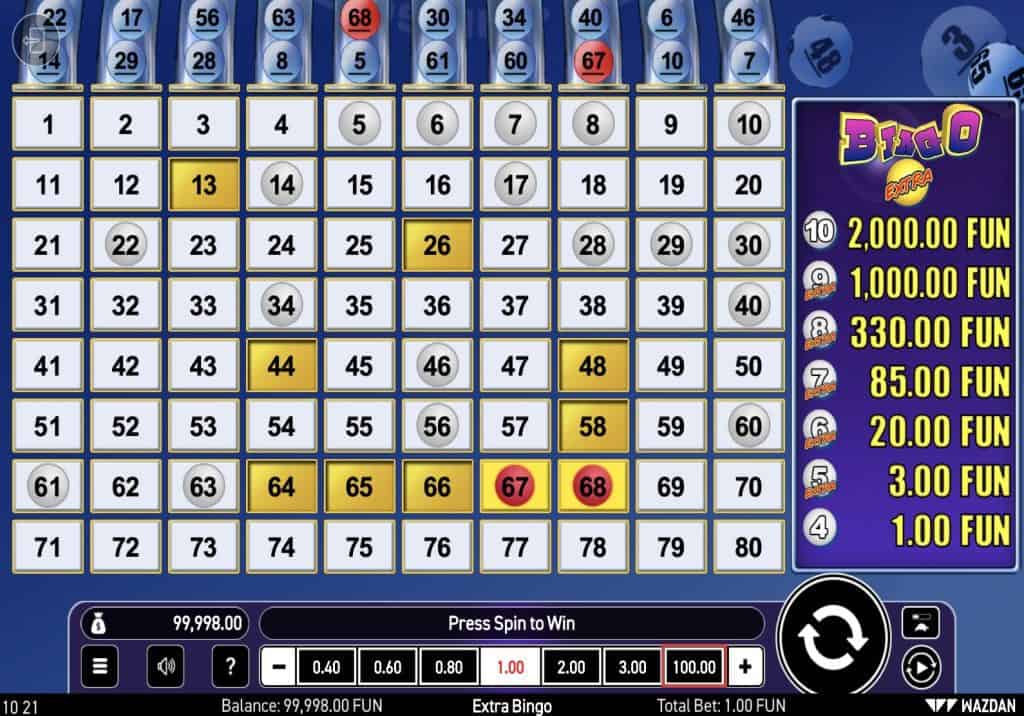 Schermata del bingo extra