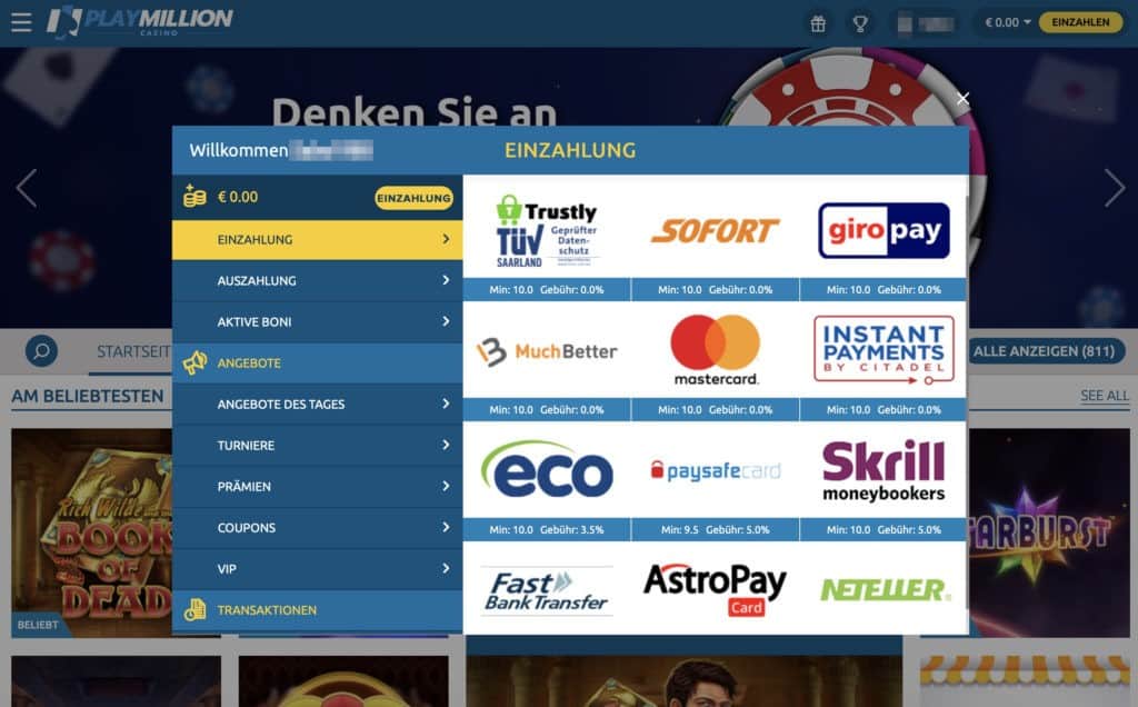 PlayMillion.com Ein- und Auszahlungen Screenshot