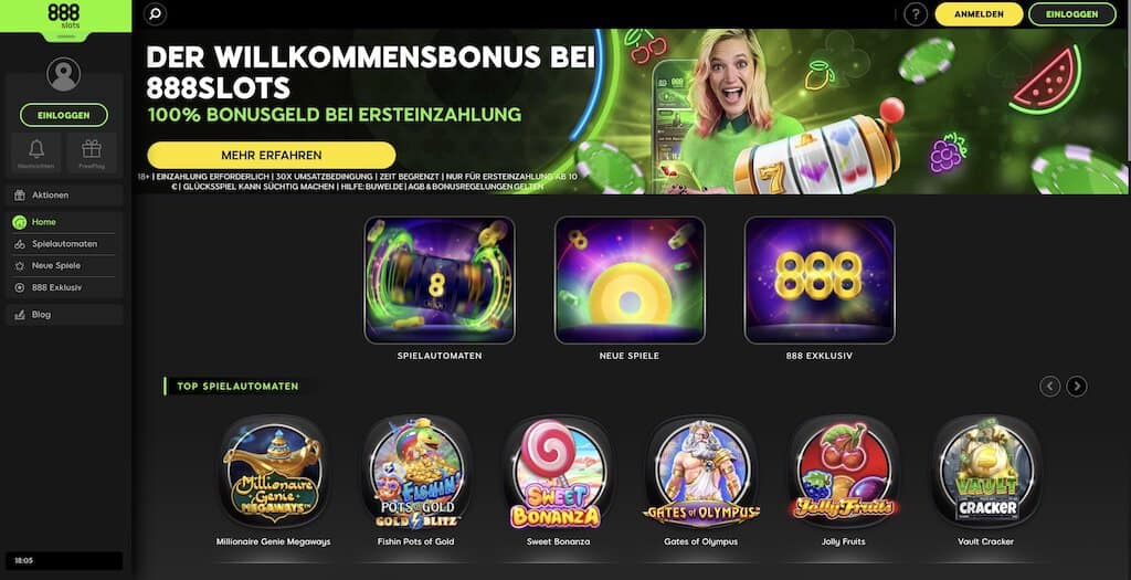 Pamja e ekranit të faqes kryesore të 888 Slots