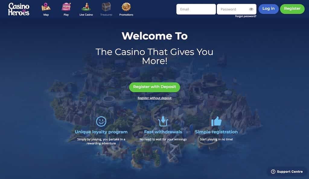 Skjermbilde av hjemmesiden til Casino Heroes