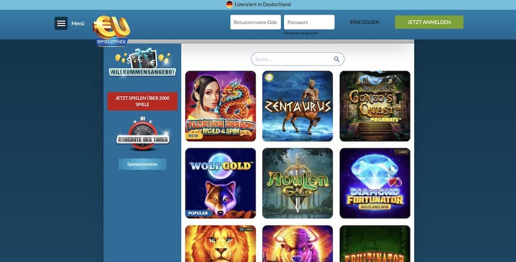 Snímek obrazovky lobby herního kasina EU