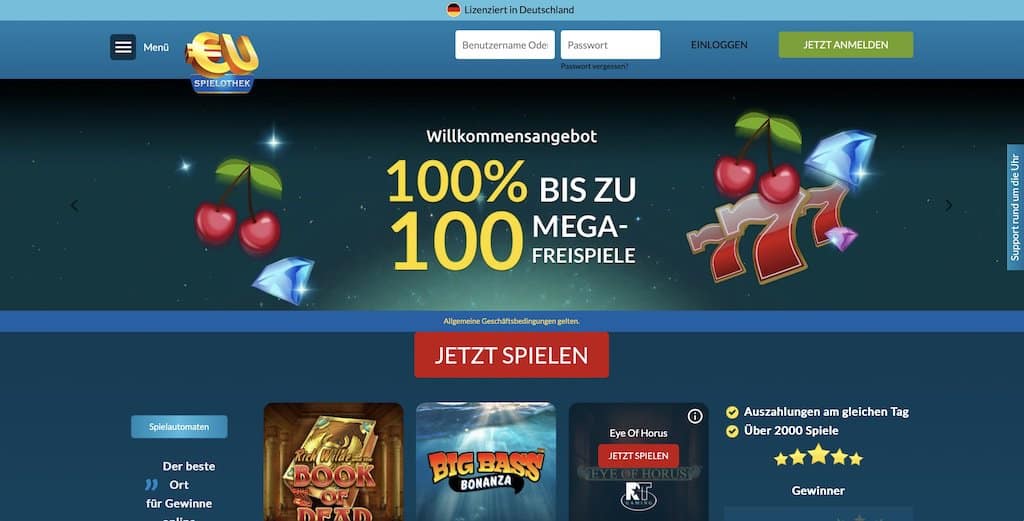 Snímek obrazovky domovské stránky kasina EU