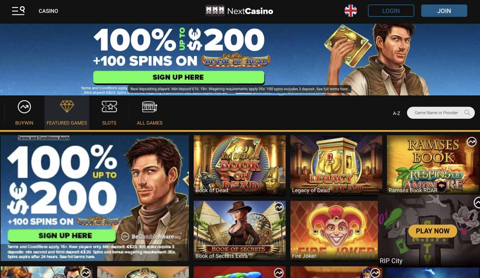 Capture d'écran de la page d'accueil du prochain casino