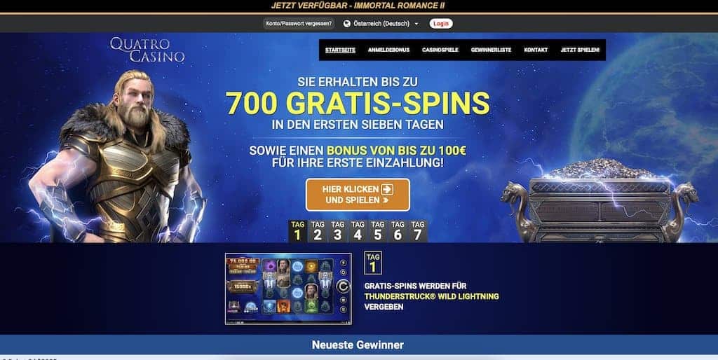 Екранна снимка на началната страница на казино Quatro