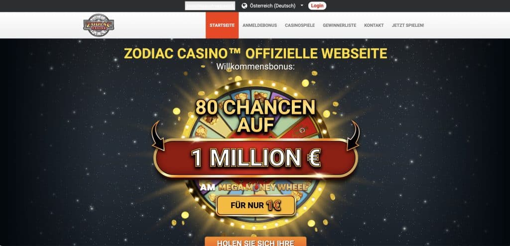 Zodiac Casino Homepage Screenshot