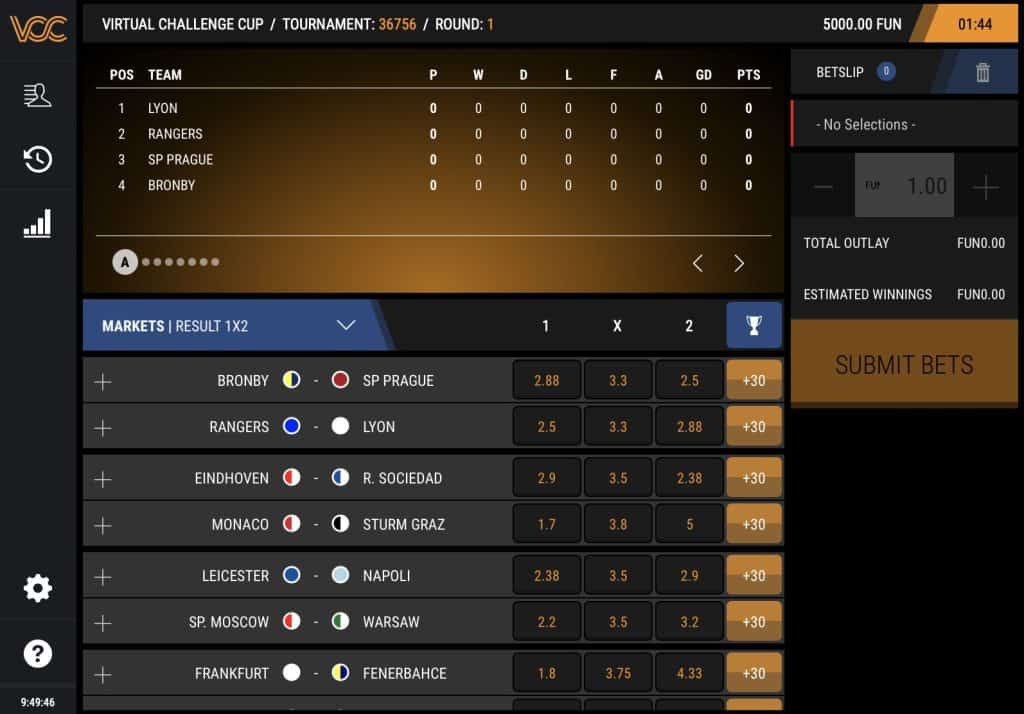Snímek obrazovky virtuální Evropské ligy