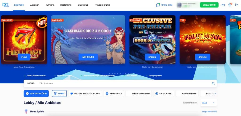 Snímek obrazovky lobby kasinové hry ICE