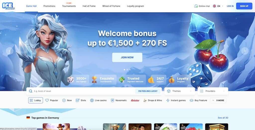 ICE Casino homepage screenshot