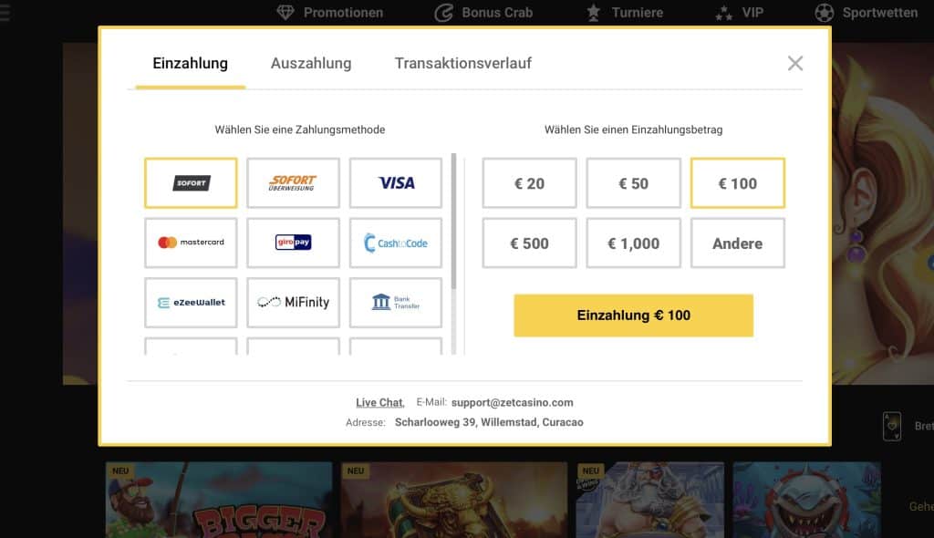 ZetCasino Ein- und Auszahlungen Screenshot