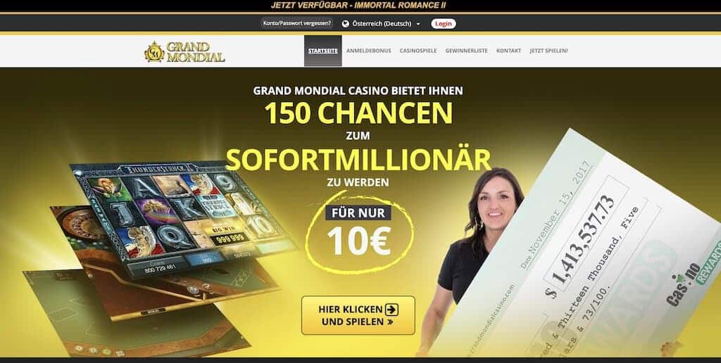 Snimka zaslona početne stranice Grand Mondial Casina
