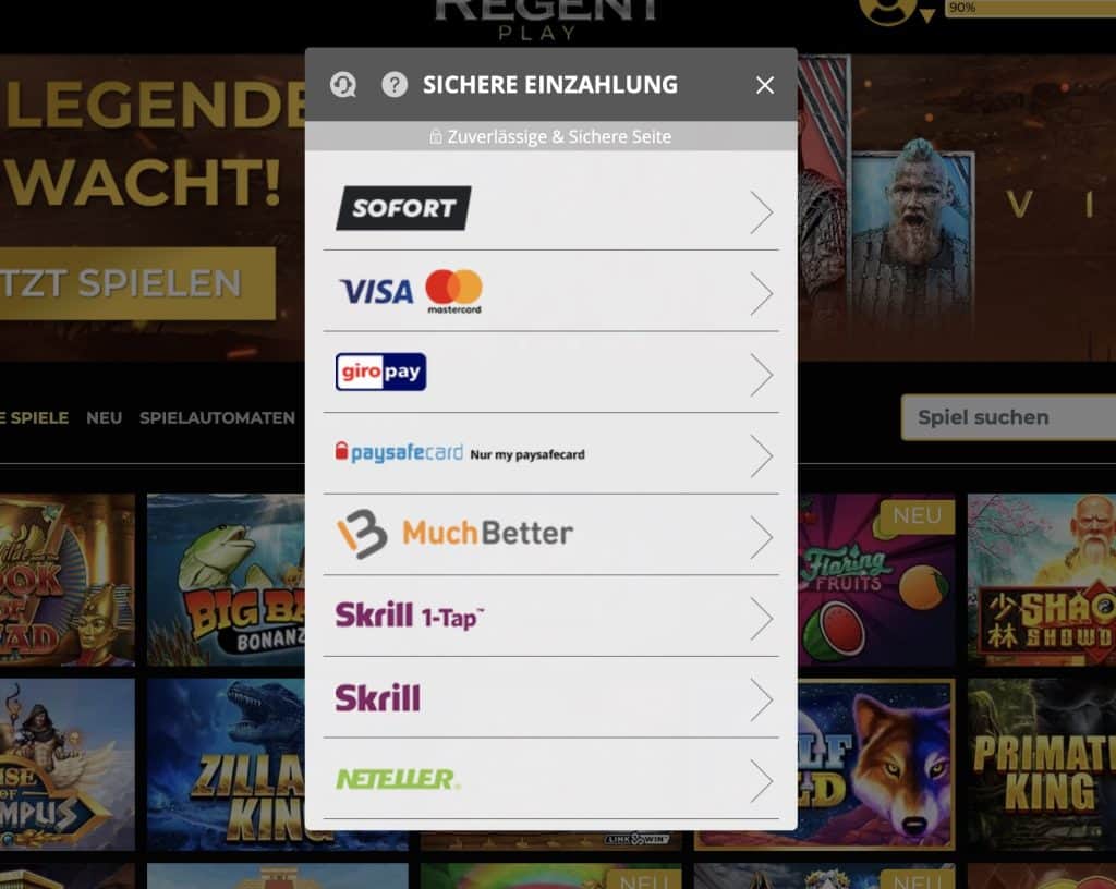 Regent Play deposits and withdrawals screenshot