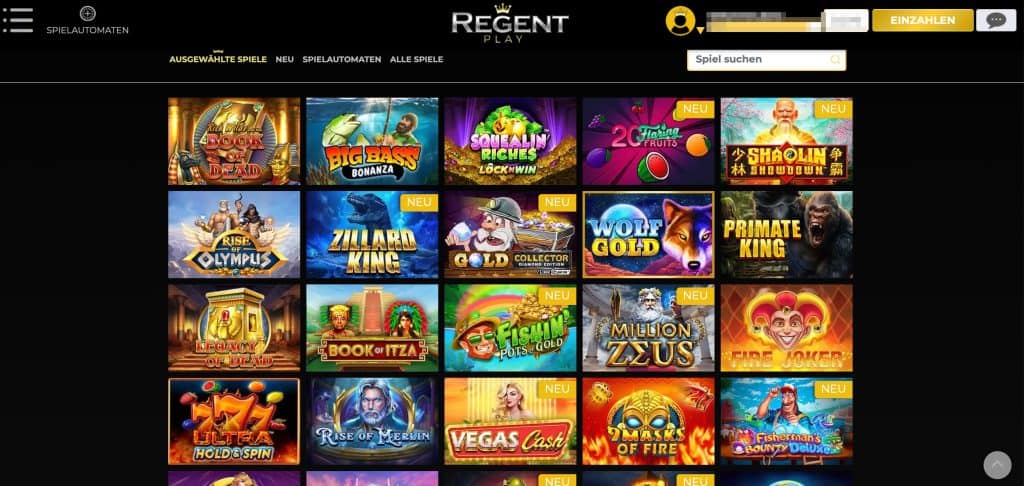 Captura de pantalla del lobby de Regent Play Game