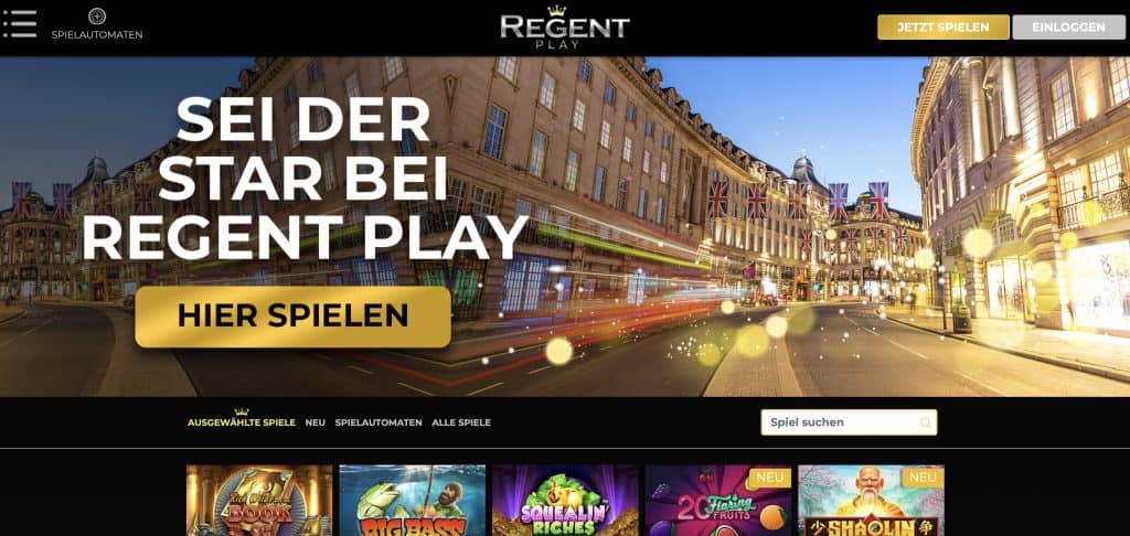 Skjermbilde av Regent Play-hjemmesiden
