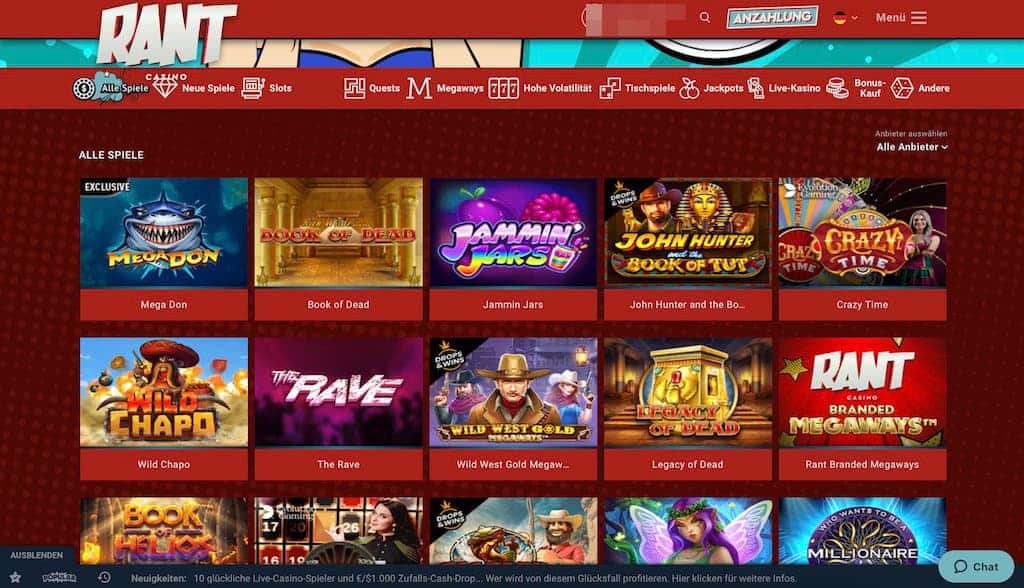 Capture d'écran du lobby du jeu de casino RANT