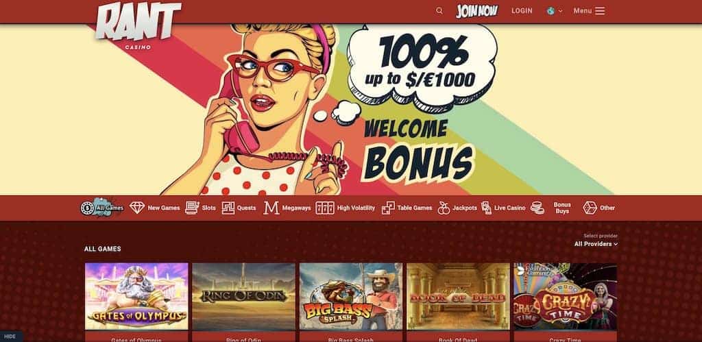Captura de tela da página inicial do RANT Casino