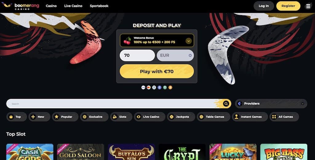 Στιγμιότυπο αρχικής σελίδας του Boomerang Casino