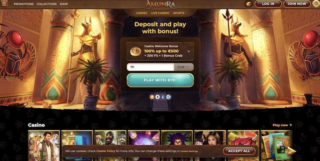 Captura de tela da página inicial do AmunRa Casino