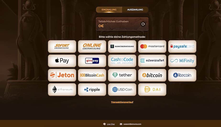 Snímek obrazovky pro vklady a výběry kasina AmunRa