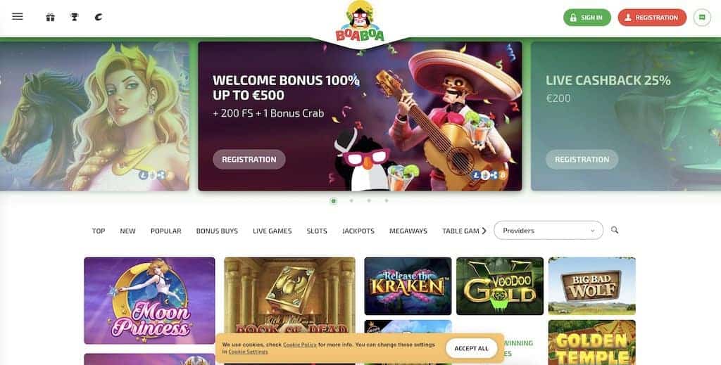 Captura de tela da página inicial do BoaBoa Casino