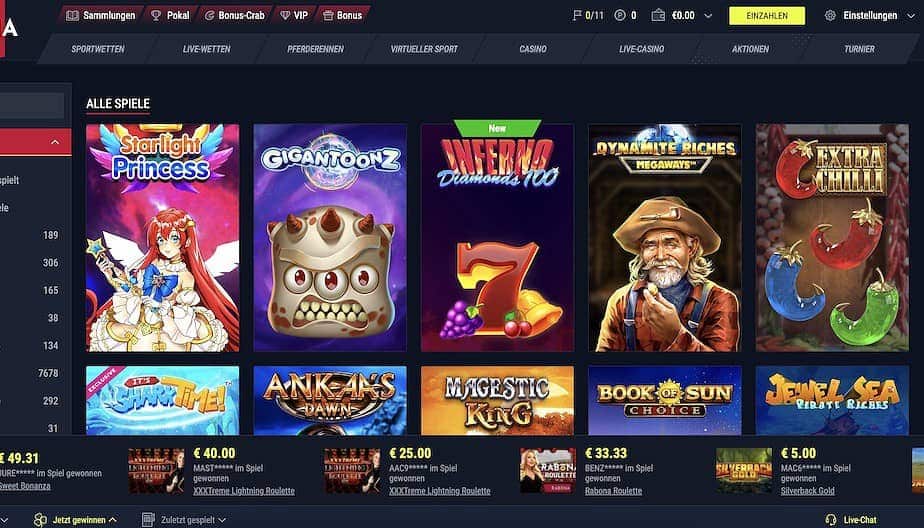Στιγμιότυπο οθόνης του λόμπι του παιχνιδιού Rabona Casino
