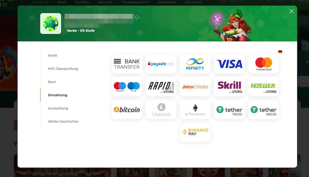 Verde Casino Ein- und Auszahlungen Screenshot