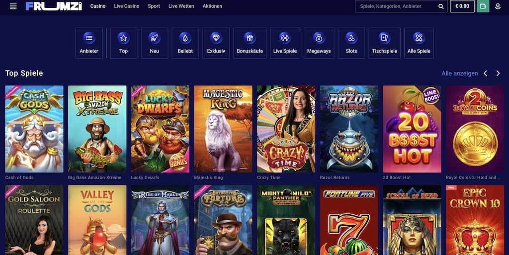 Captura de pantalla del lobby de juegos de Frumzi Casino