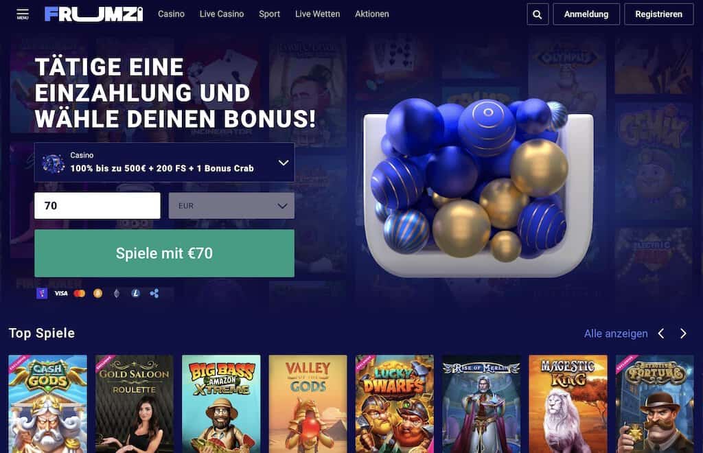 Captura de pantalla de la página de inicio de Frumzi Casino