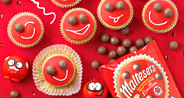 Red Nose Day-themed cupcakes with Malteser decoration