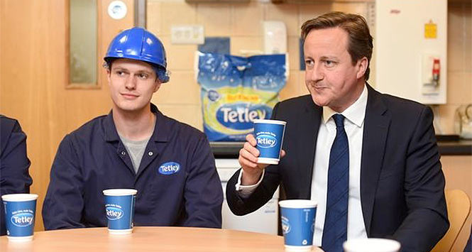 Prime Minister David Cameron drinks Tetley tea