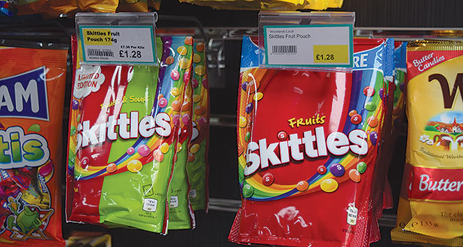 Hanging bags of Skittles