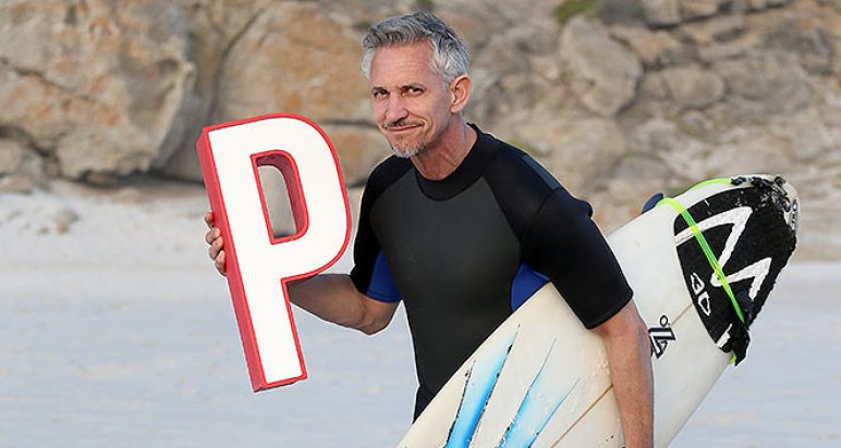 Gary Lineker holding a letter P