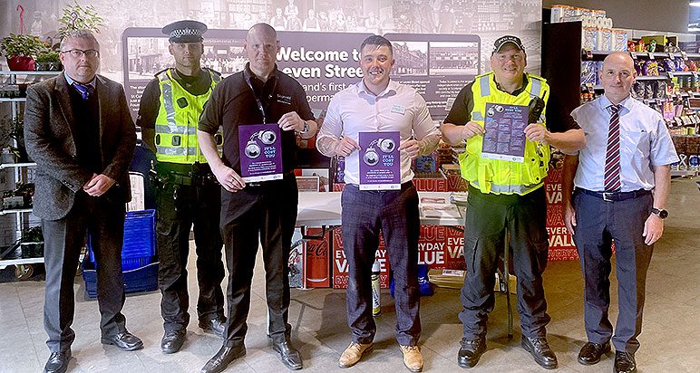 L-R: Chair of the SAIP Campaigns Group and Head of Policy and Public Affairs, Scottish Grocers’ Federation, Luke McGarty; PC Jablonski; Security support Manager Scotmid David Mackintosh; Scotmid store manager Alexander Lovell; PC Cairns and Scotmid Licensing & Compliance Manager Ian Lovie