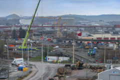 Här ser man en stor del av byggnadsplatsen Olskroken. Det är från Skansen Lejonet mot Partihallsförbildelsen.