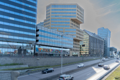 Utmed Oscarsleden ser man de nya kontorsfastigheterna, Våghuset och Brick Studios.