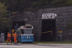 Här kommer spårvagnen från Chalmers i den befintliga tunneln.