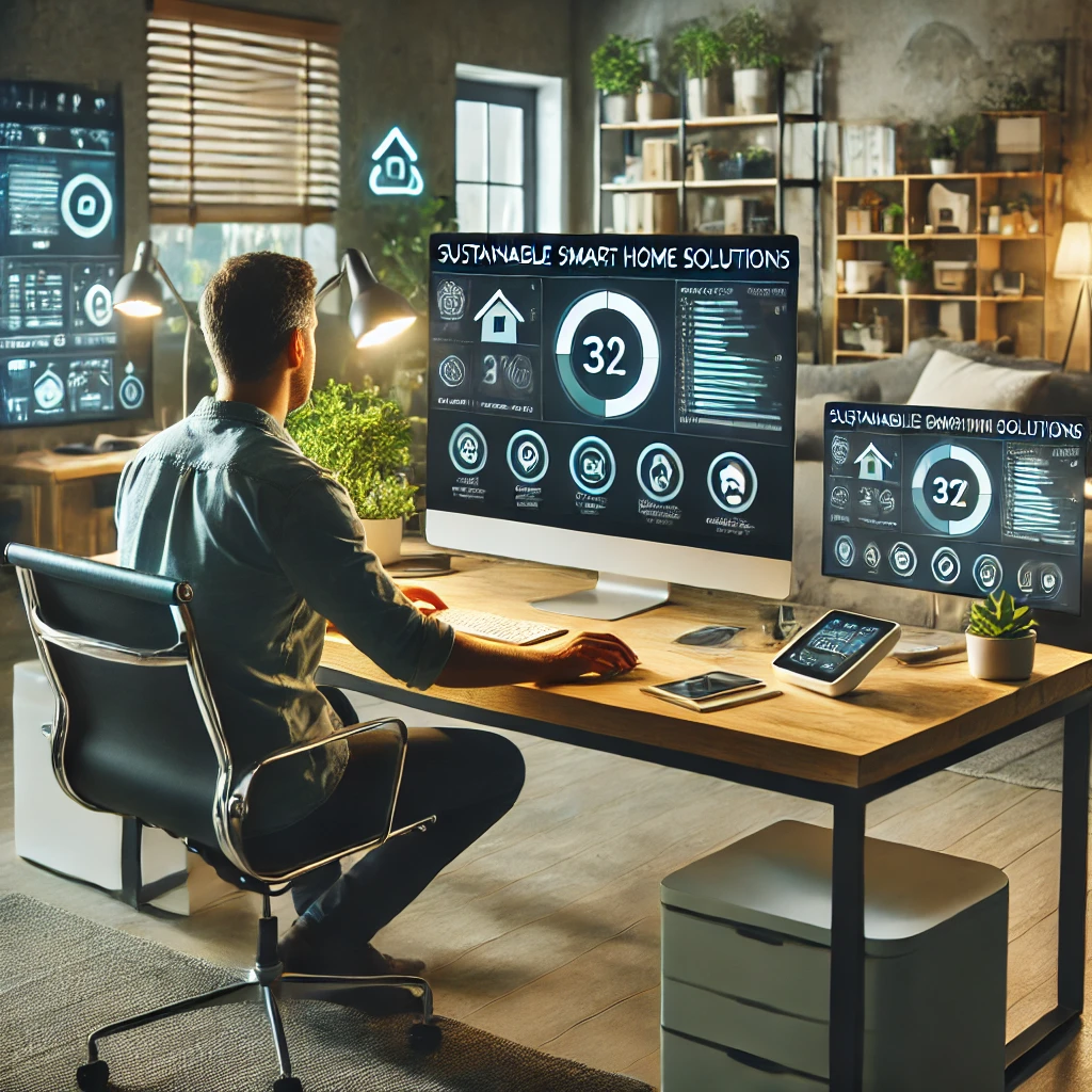 A small business owner setting up sustainable smart home solutions in a modern smart home office, with energy-efficient settings and eco-friendly configurations displayed on the computer screen.