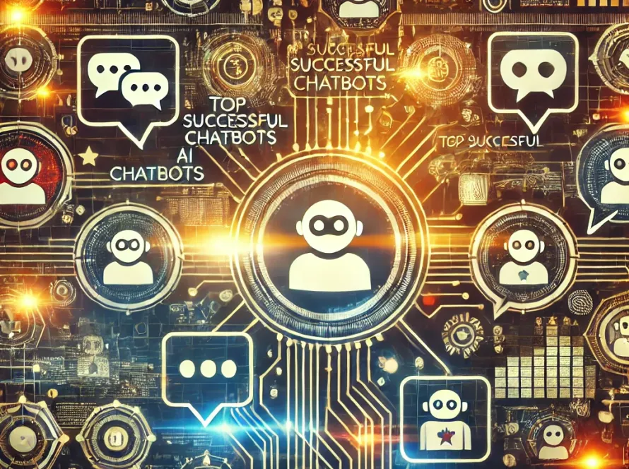 Represents the top successful AI chatbots based on people's feedback, showing various chatbot interfaces in conversation bubbles