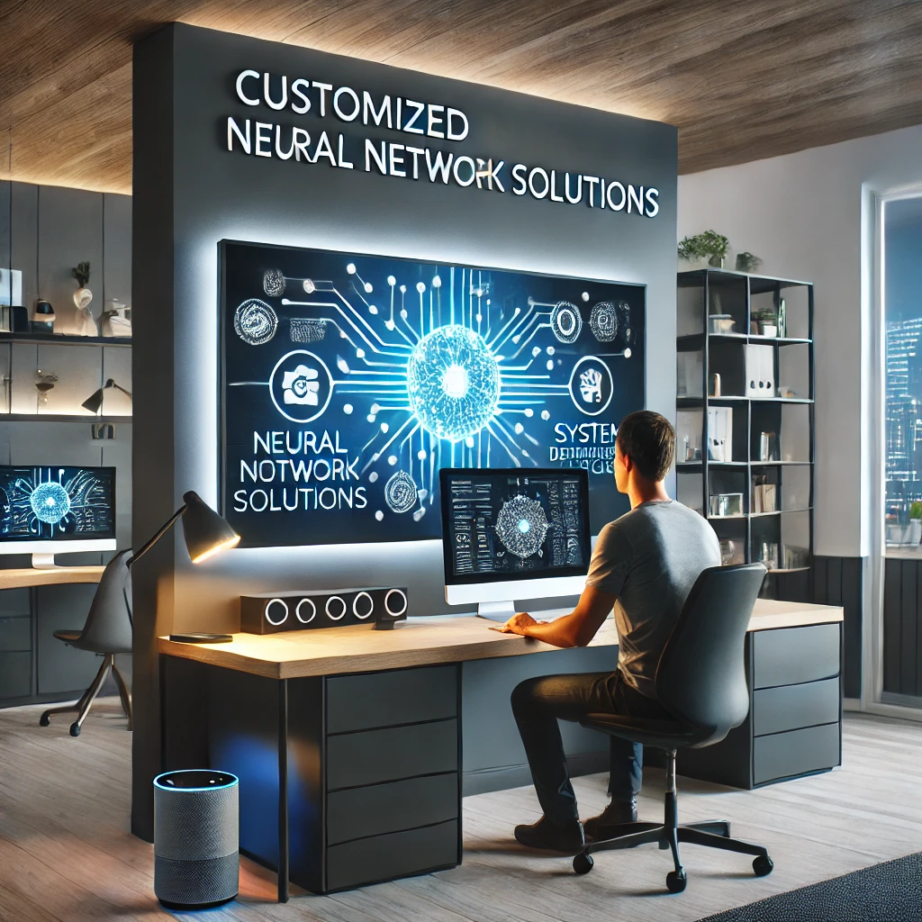 A small business owner integrating customized neural network solutions into existing business systems in a modern smart home office, with the integration process displayed on the computer screen.